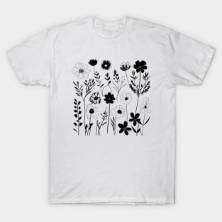 Black and white flowers minimal handdrawn T-Shirt